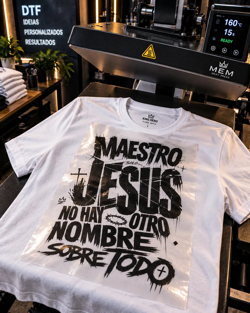 Camiseta blanca con el diseño Maestro Jesús lista para estampar